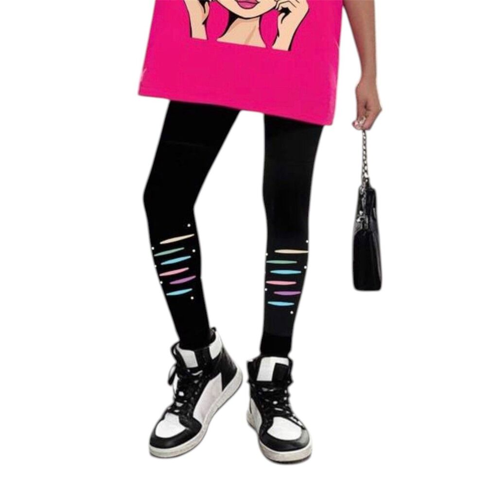 New Active Girls 12 Years Black Leggings Rainbow Stripe Detail - Picture 2 of 16